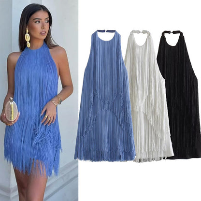 Graceful And Fashionable Halter Sleeveless Tassel Skirt Dress