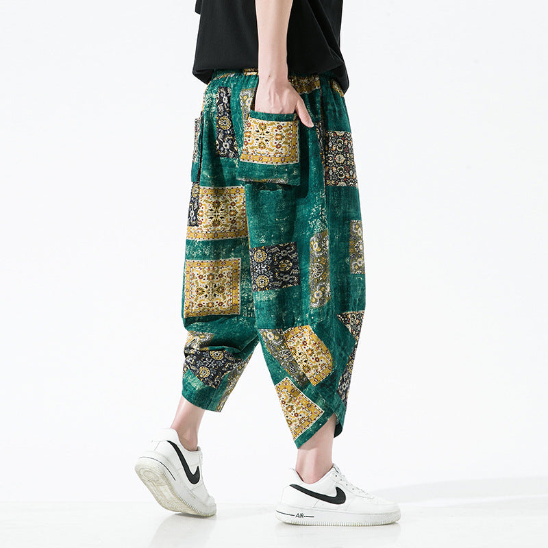 Ethnic Style Floral Lantern Cropped Pants For Men