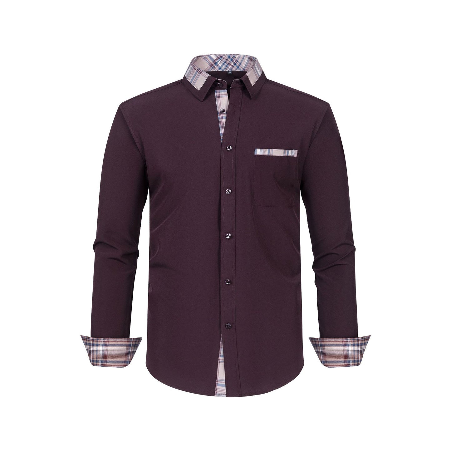 Color Matching Casual Long Sleeve Men's Shirt Slim Fit Plaid Collar