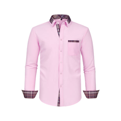 Color Matching Casual Long Sleeve Men's Shirt Slim Fit Plaid Collar