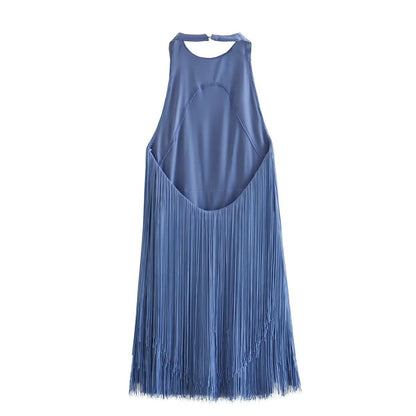 Graceful And Fashionable Halter Sleeveless Tassel Skirt Dress