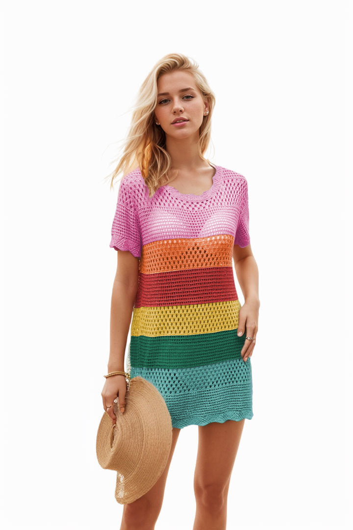 Women's Round Neck Beach Hollow Striped Dress