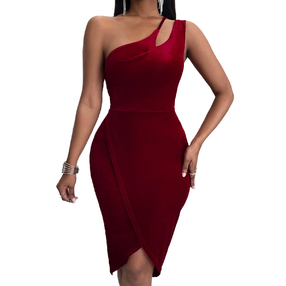 Women's Fashion Personalized Velvet One-shoulder Dress