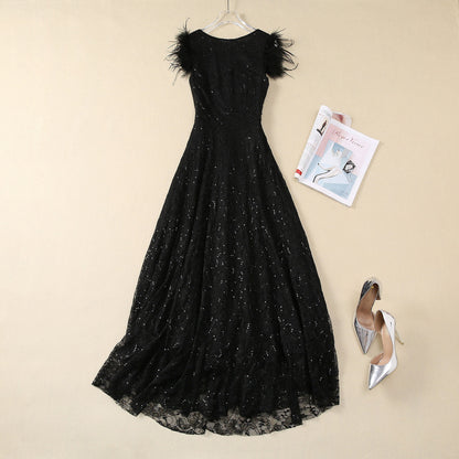 Sequined Lace Feather Flying Sleeves Dress Women