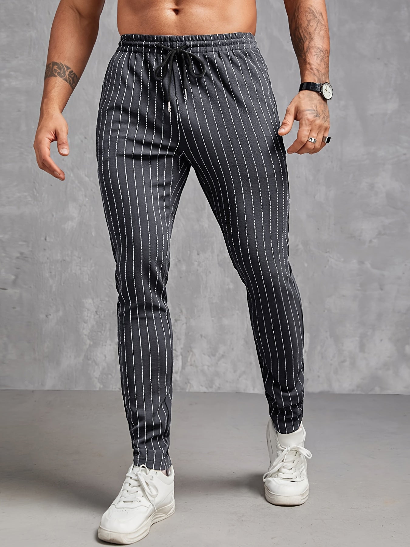 European And American Men's Striped Pocket Casual Ankle Banded Pants