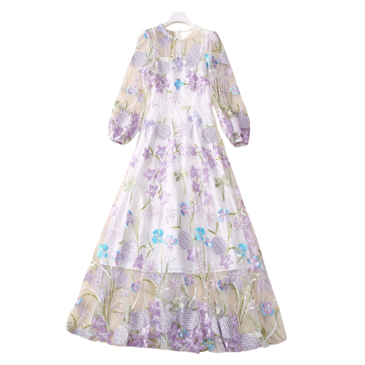 Machine Embroidery Flower Dragonfly Mesh Wide Hem Long Sleeve Dress