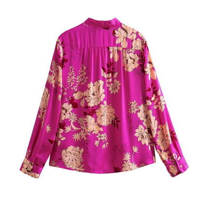 Women's Fashion Stand-up Collar Tie Printed Long Sleeve Shirt Pleated Mid-length Skirt Suit