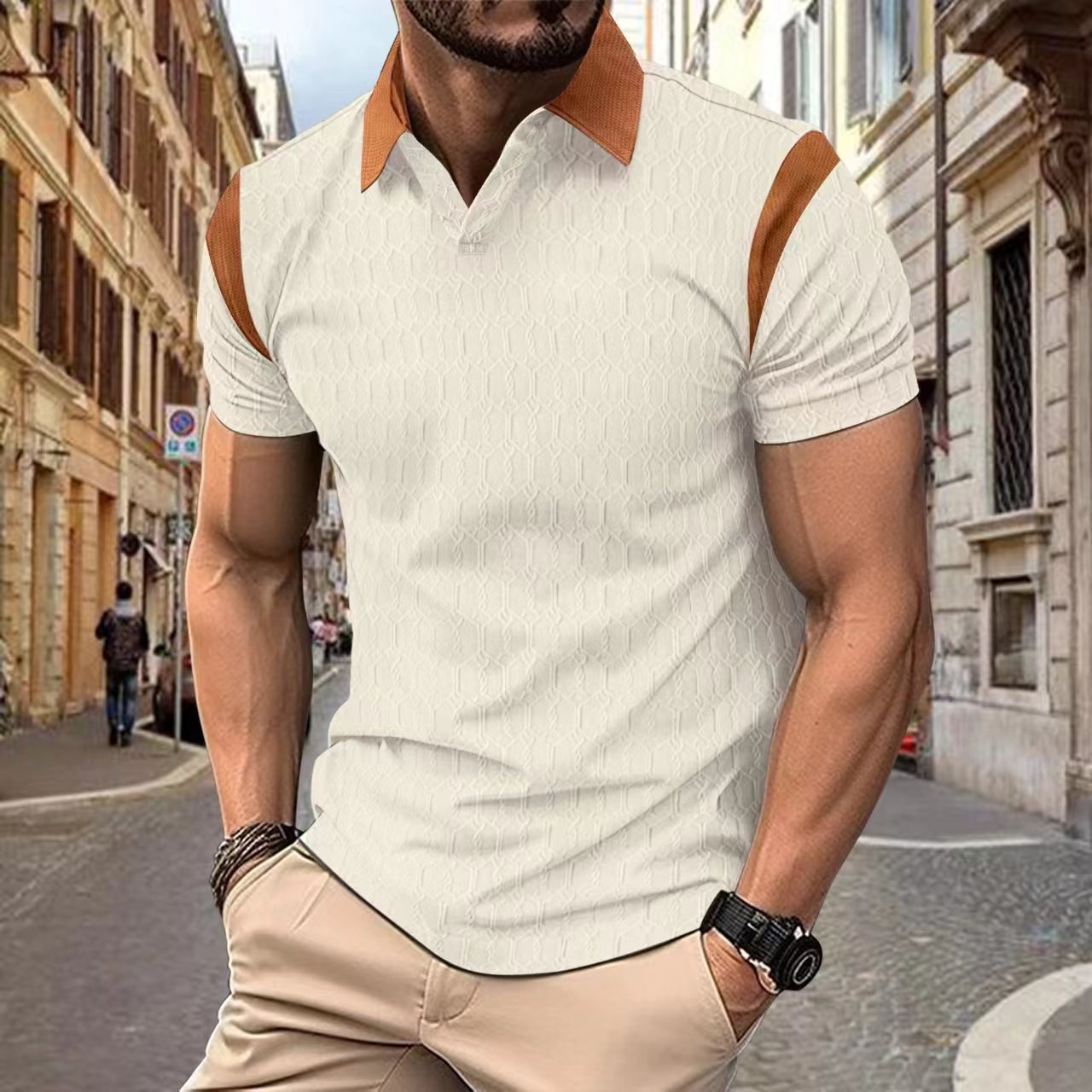 Men's Waffle Jacquard Solid Color Polo Shirt Short Sleeve