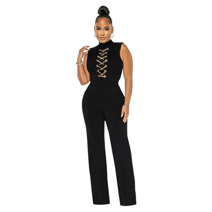 Women's Fashion Solid Color Sleeveless Stand Collar Round Neck Jumpsuit