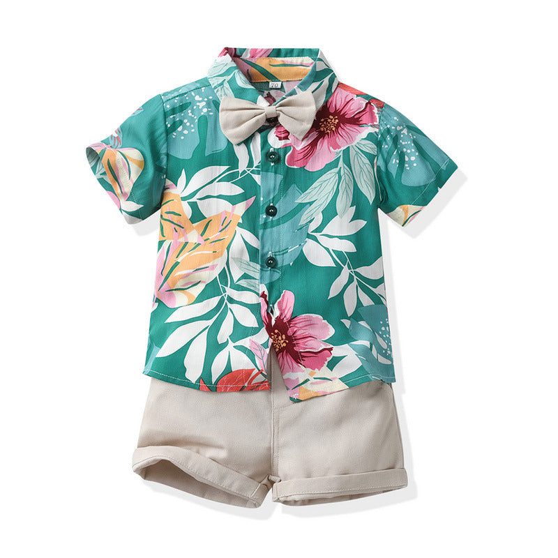 Summer Short Sleeve Printed Shirt Boys' Shorts Casual Two-piece Suit