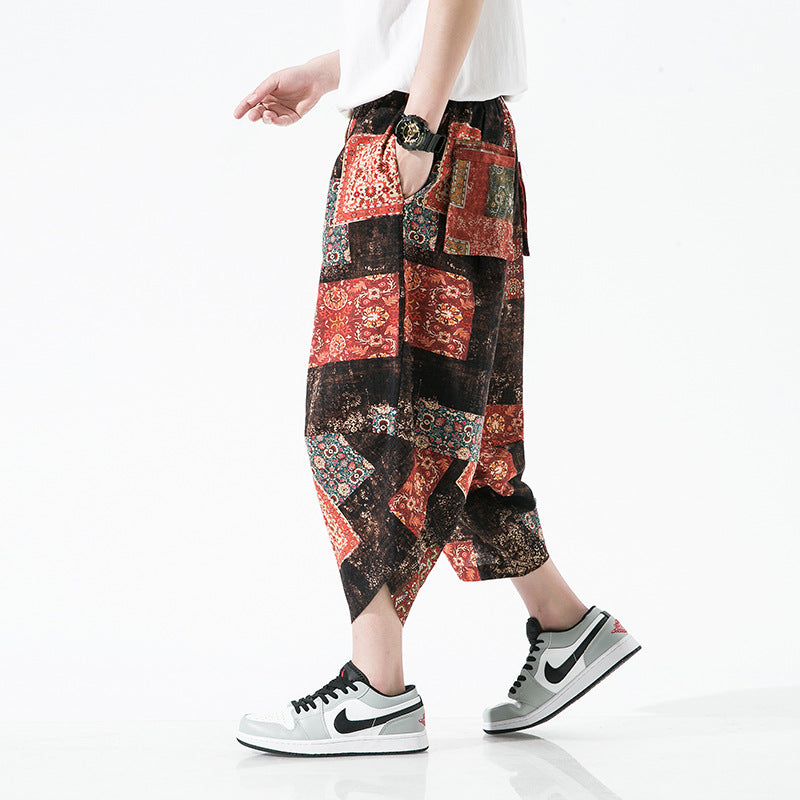 Ethnic Style Floral Lantern Cropped Pants For Men