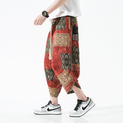 Ethnic Style Floral Lantern Cropped Pants For Men