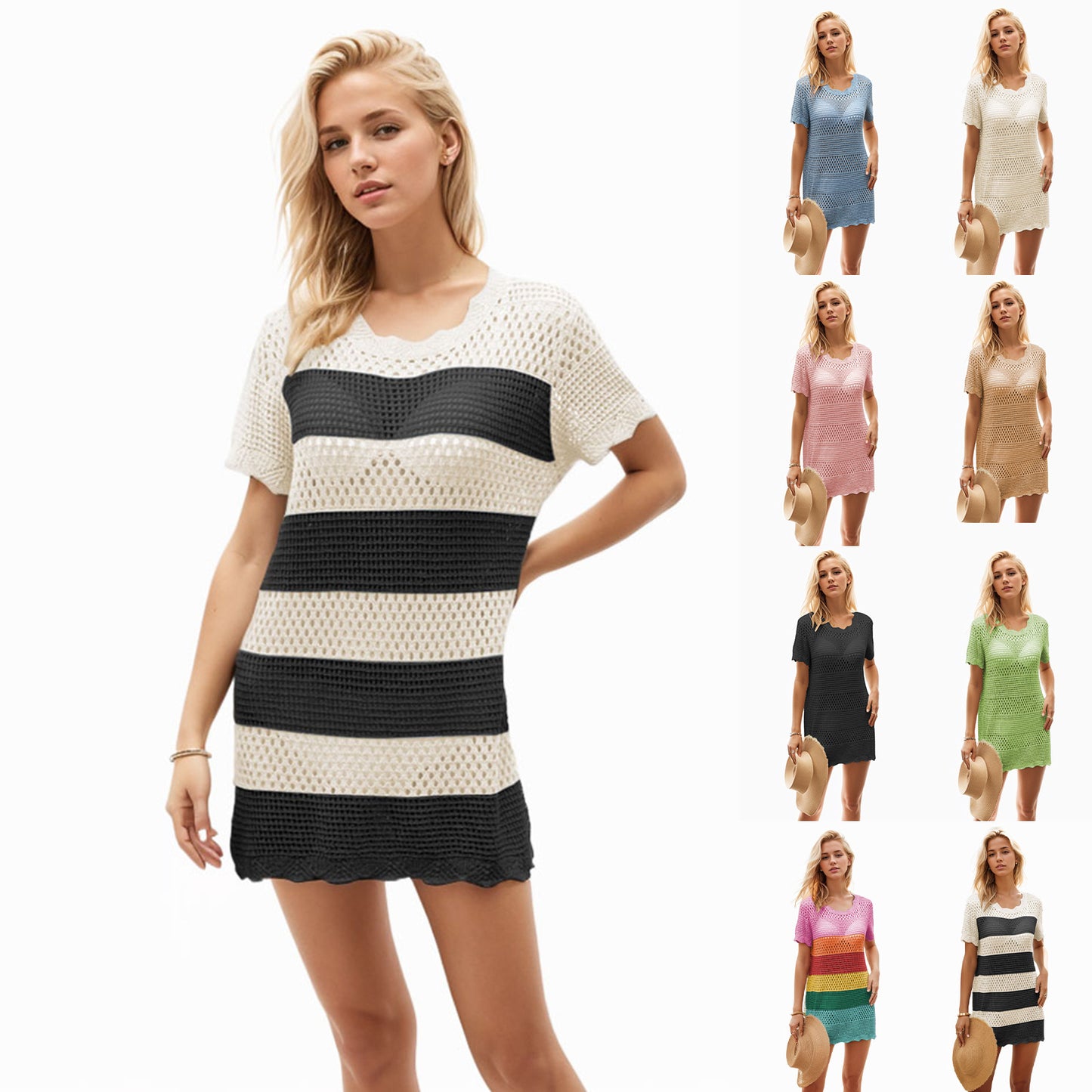 Women's Round Neck Beach Hollow Striped Dress