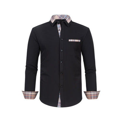 Color Matching Casual Long Sleeve Men's Shirt Slim Fit Plaid Collar