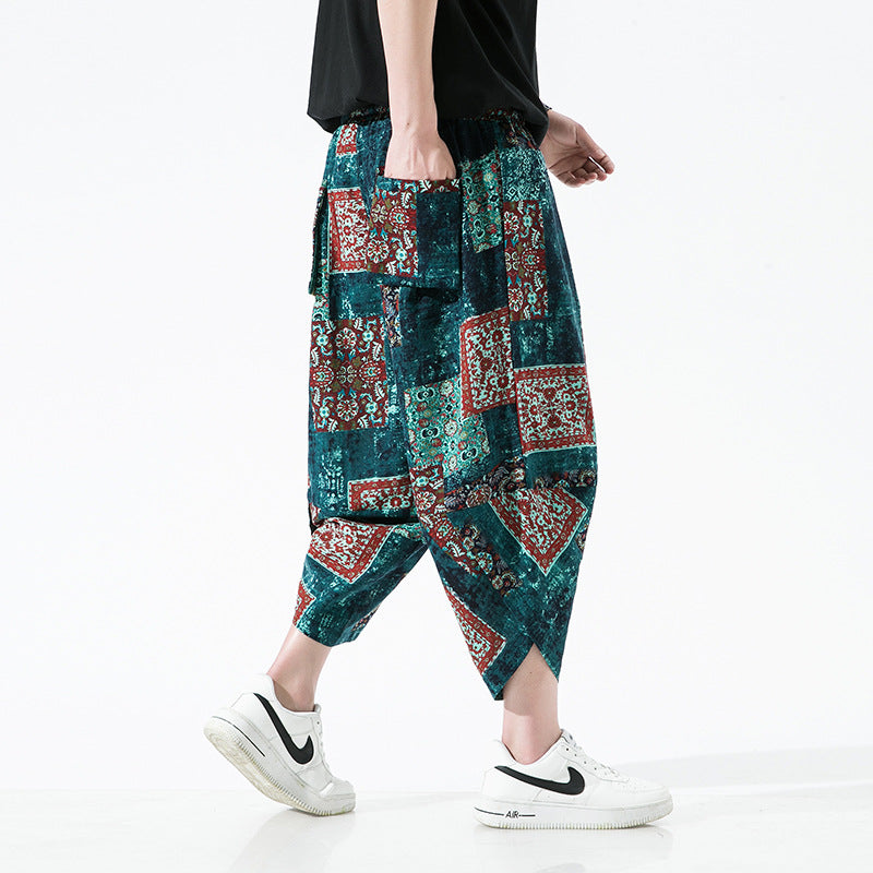 Ethnic Style Floral Lantern Cropped Pants For Men