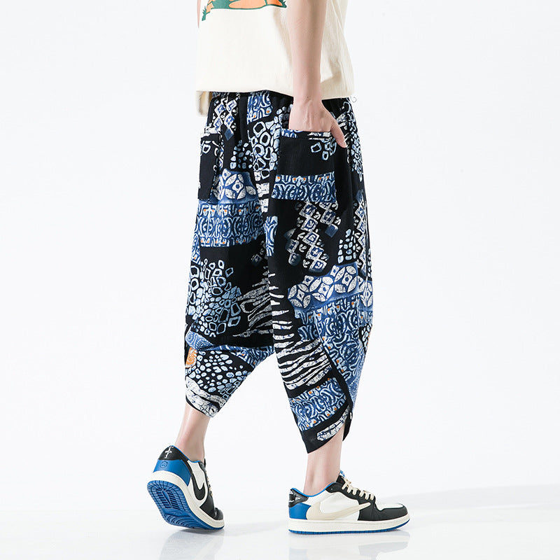 Ethnic Style Floral Lantern Cropped Pants For Men