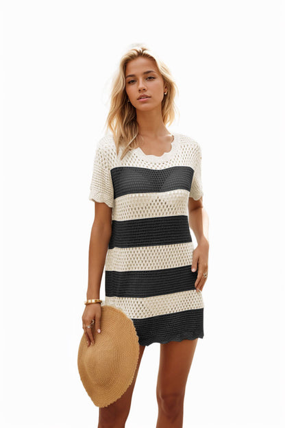 Women's Round Neck Beach Hollow Striped Dress