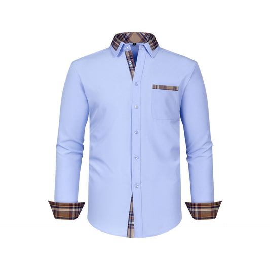 Color Matching Casual Long Sleeve Men's Shirt Slim Fit Plaid Collar