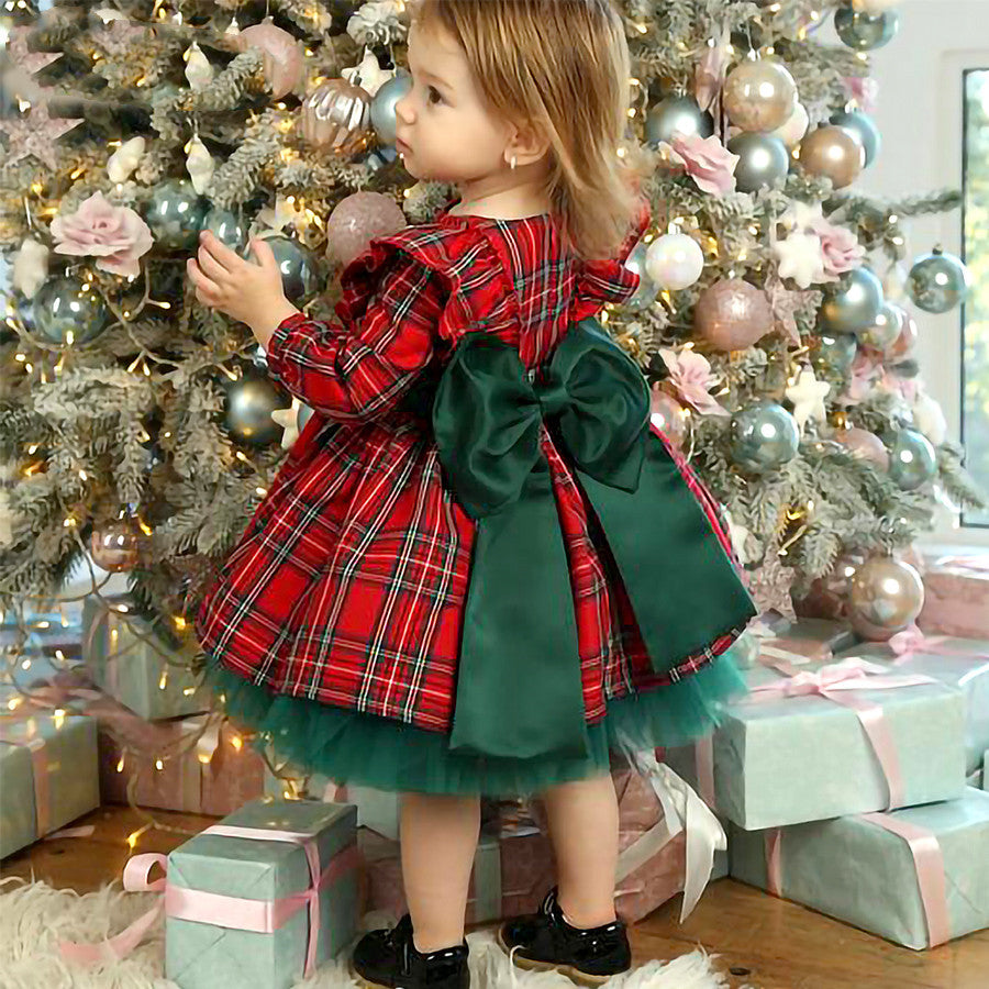 Girls Kids Red Checkered Bow Christmas Dress