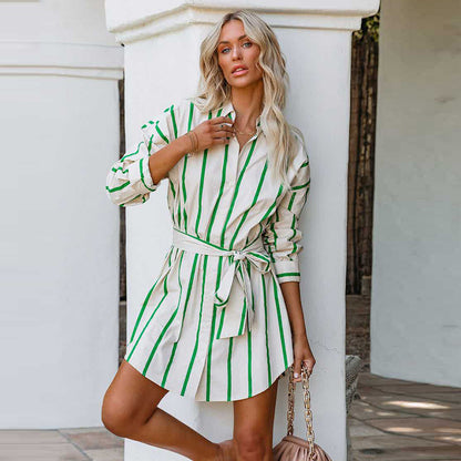 Fashion Stripe Print Long Sleeve Lace Up Casual Dress