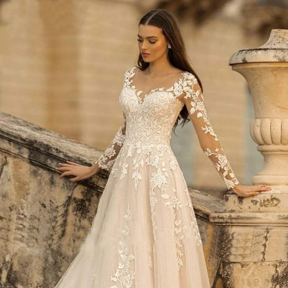 Long Sleeve Wedding Dress Mori Style Bridal Simple Round Neck