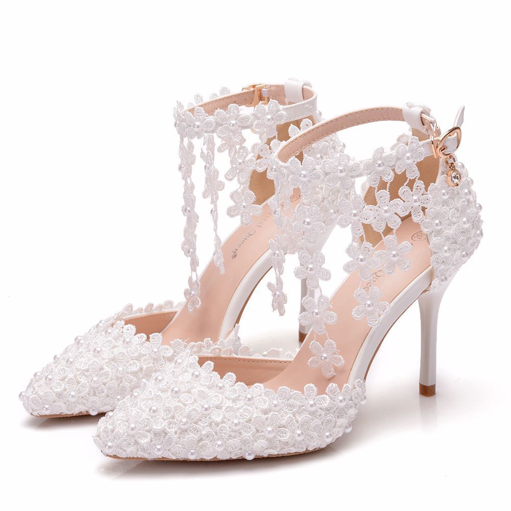 White Lace Flower Tassel Wedding Shoes