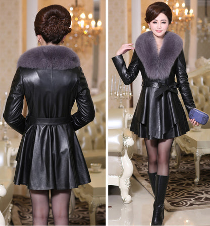 6-color Leather Imitation Fox Fur Collar Women's Mid-length Coat