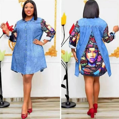 Patchwork Portrait Print Denim Dress