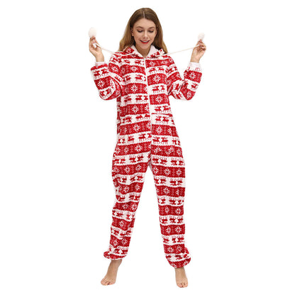 European And American Ladies Christmas Day Fawn Snowflake Flannel One-Piece Pajamas Home Wear