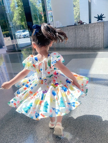 Girls Korean Western Style Skirt Color Puff Sleeve Dress