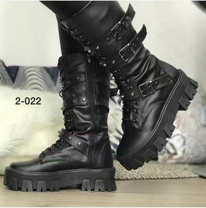 Women's Martin Boots Lace Up Combat Boot Mid Calf Platform Shoes Western Boots