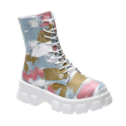 Doc Martens Women's Platform Washed Camo Mid-tube Lace-up Ankle Boots