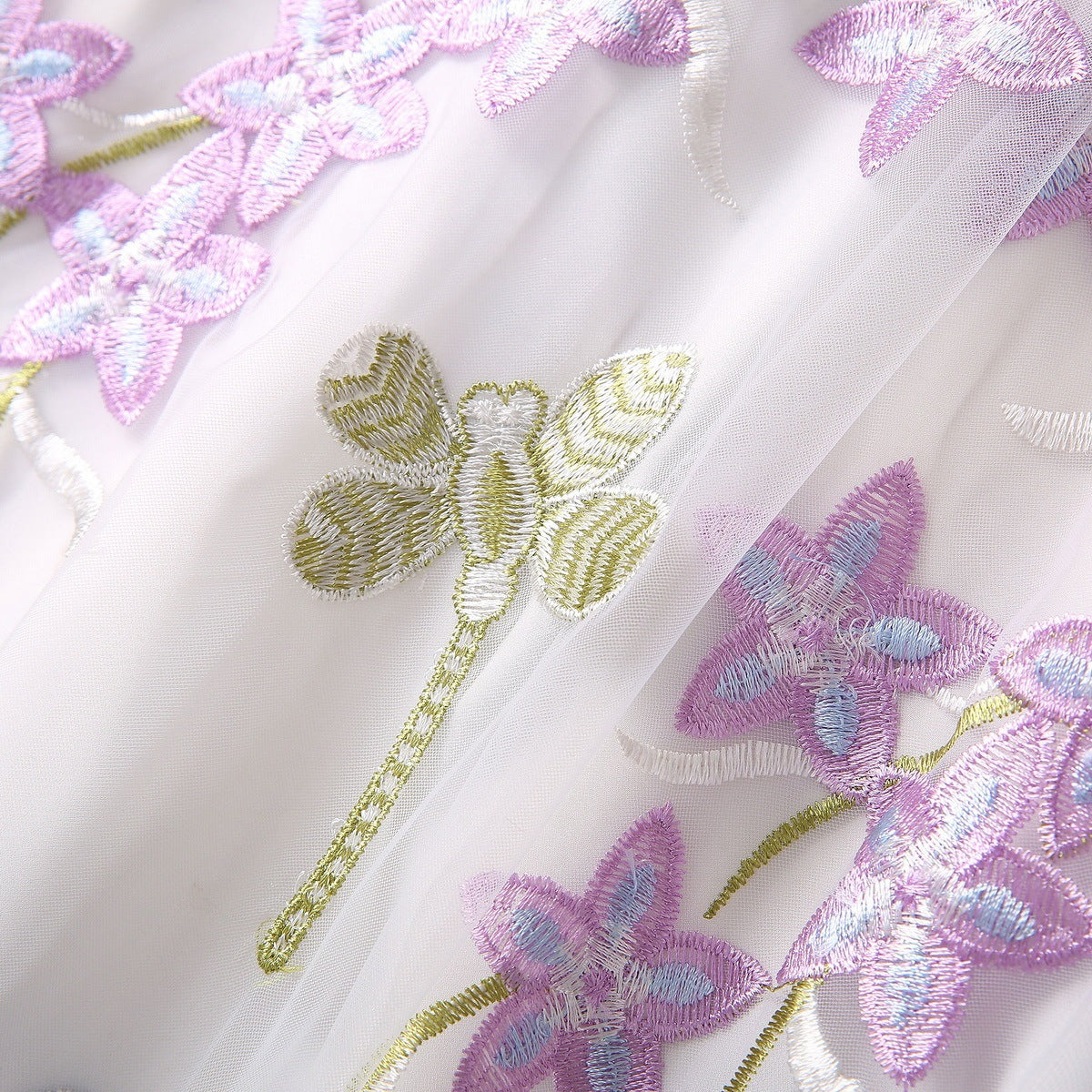 Machine Embroidery Flower Dragonfly Mesh Wide Hem Long Sleeve Dress