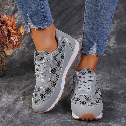 Flower Print Lace-up Sneakers Casual Fashion Lightweight Breathable Walking Running Sports Shoes Women Flats