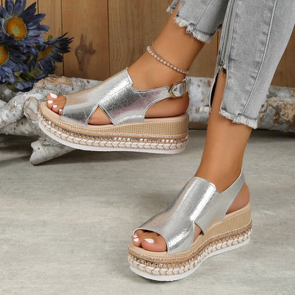 Summr Shiny Sandals Hollow Design Fish Mouth Sandal For Women Fashion Buckle Wedges Shoes