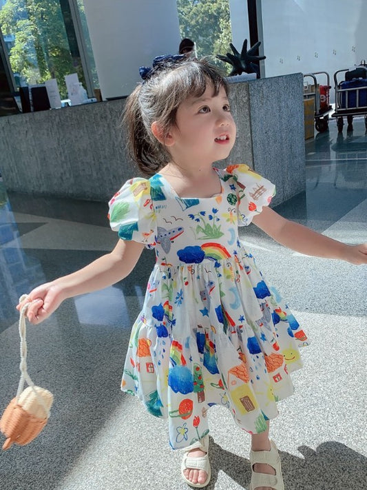 Girls Korean Western Style Skirt Color Puff Sleeve Dress