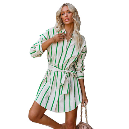 Fashion Stripe Print Long Sleeve Lace Up Casual Dress