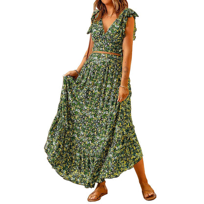 Floral Women's Waist And Slim V-neck Short-sleeved Irregular Dress